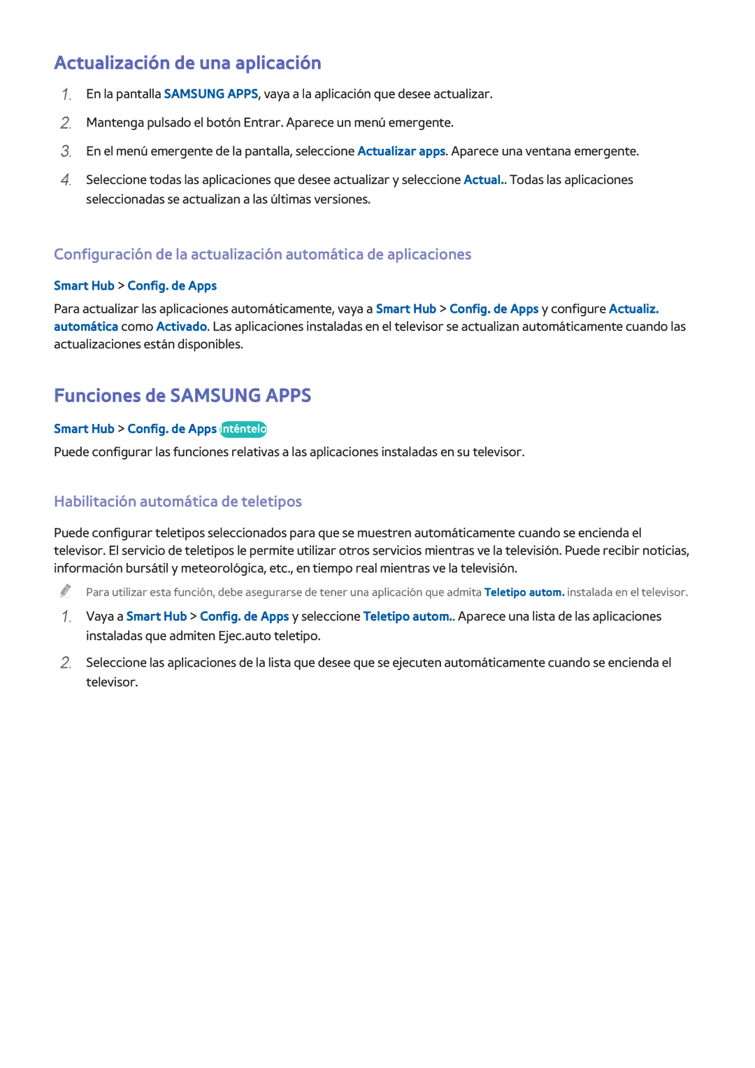Samsung UE55HU7200SXXC Actualización de una aplicación, Funciones de Samsung Apps, Habilitación automática de teletipos 