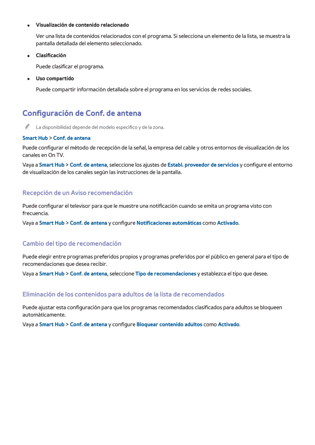 Samsung UE85HU7500LXXC Configuración de Conf. de antena, Recepción de un Aviso recomendación, Smart Hub Conf. de antena 