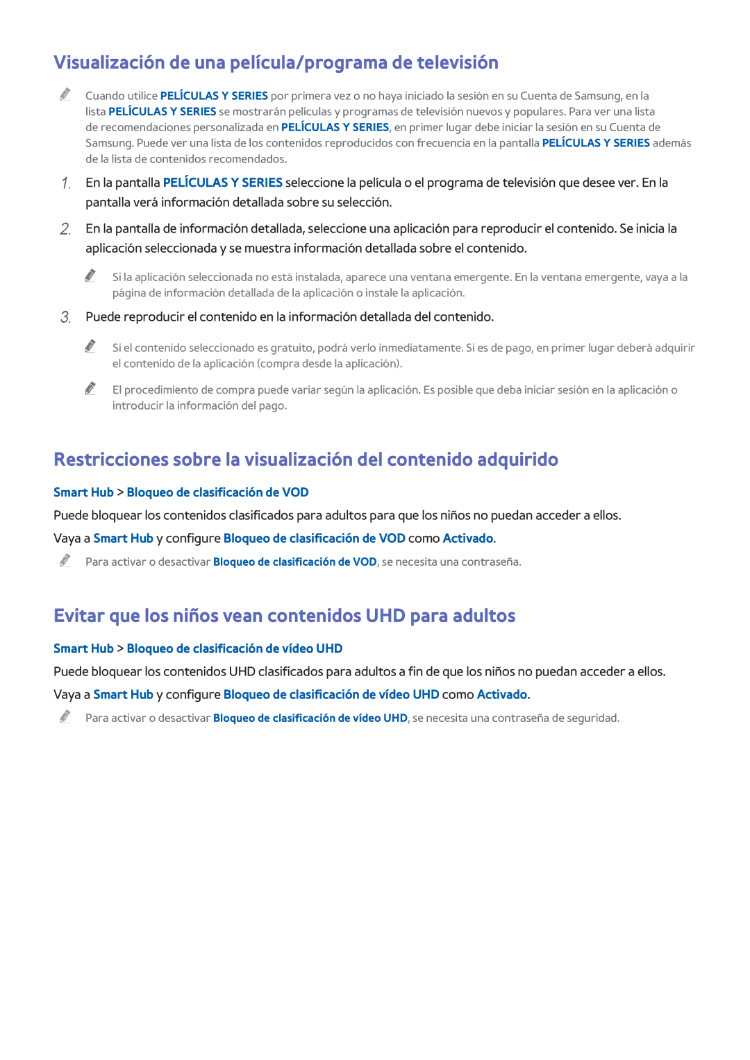 Samsung UE55HU7500LXXC Visualización de una película/programa de televisión, Smart Hub Bloqueo de clasificación de VOD 