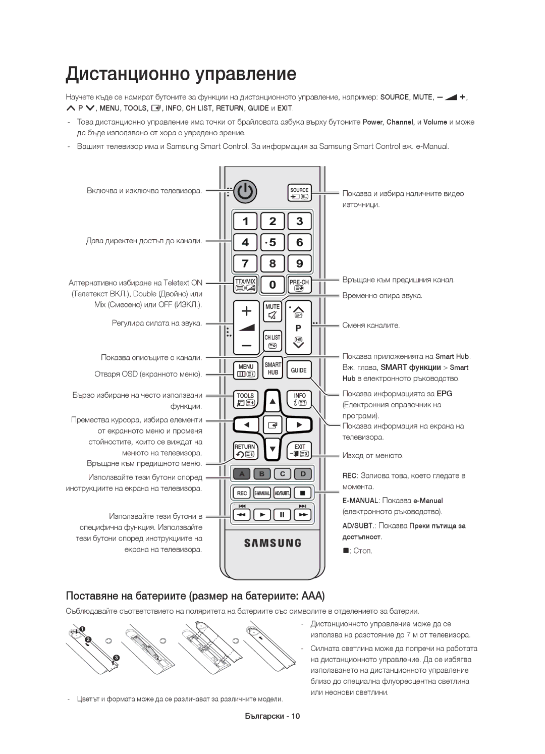 Samsung UE48HU7500LXXC, UE65HU7500LXXC manual Дистанционно управление, Поставяне на батериите размер на батериите AAA 