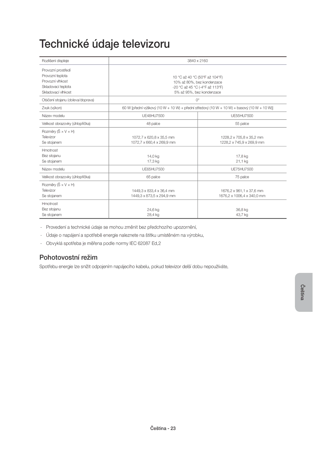 Samsung UE65HU7500LXXN, UE65HU7500LXXC, UE55HU7500LXXH, UE48HU7500LXXH manual Technické údaje televizoru, Pohotovostní režim 