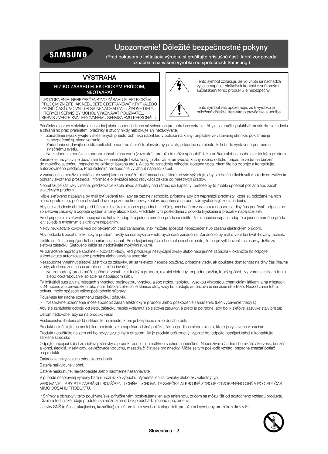 Samsung UE48HU7500LXXH, UE65HU7500LXXC, UE55HU7500LXXH, UE65HU7500LXXH Upozornenie! Dôležité bezpečnostné pokyny, Slovenčina 