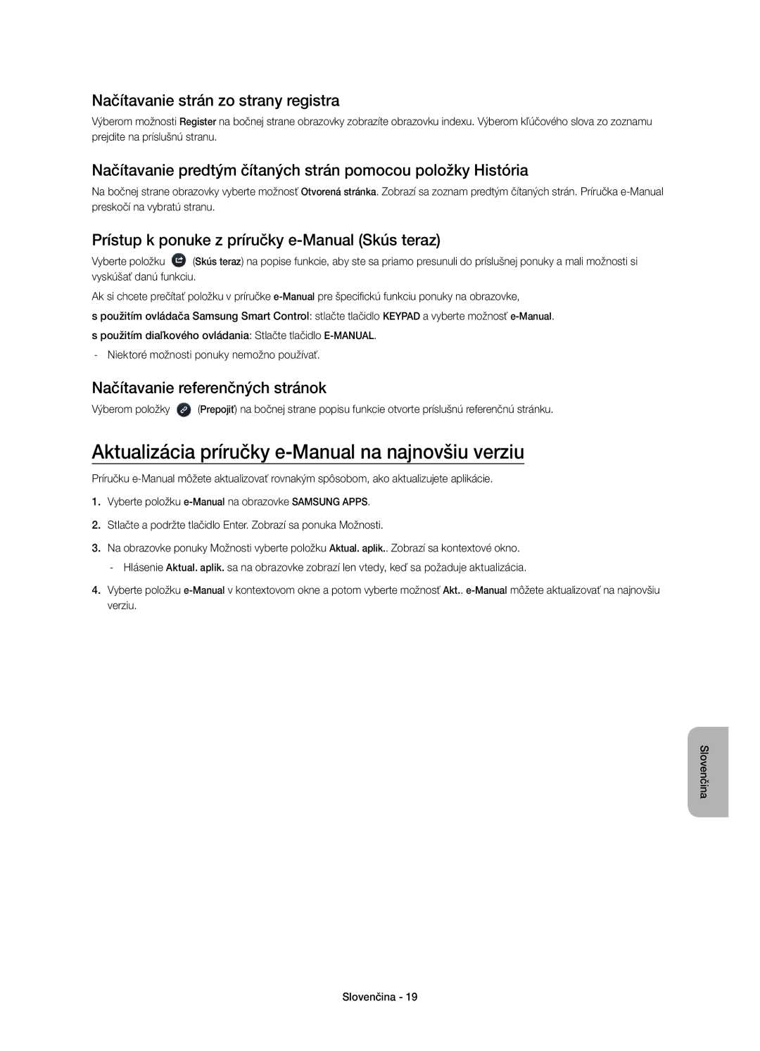 Samsung UE48HU7500TXXU manual Aktualizácia príručky e-Manual na najnovšiu verziu, Načítavanie strán zo strany registra 