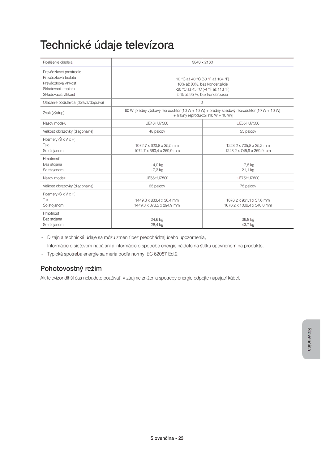 Samsung UE65HU7500LXXN, UE65HU7500LXXC, UE55HU7500LXXH, UE48HU7500LXXH manual Technické údaje televízora, Pohotovostný režim 