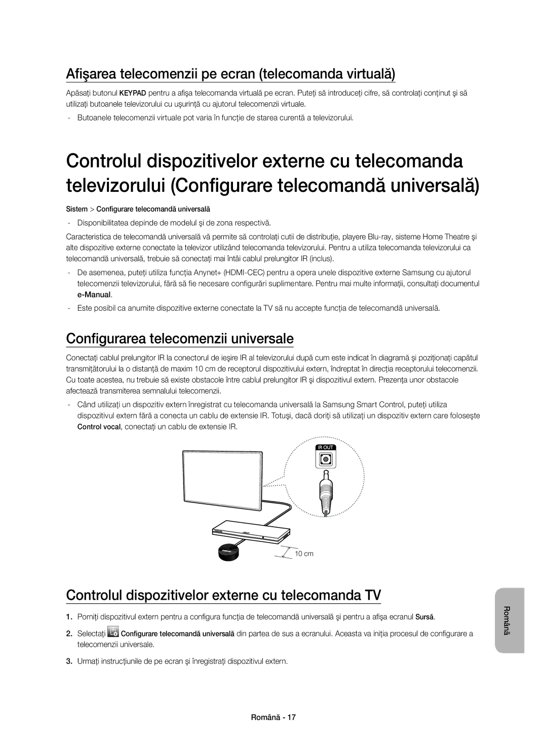 Samsung UE55HU7500TXXU manual Afişarea telecomenzii pe ecran telecomanda virtuală, Configurarea telecomenzii universale 