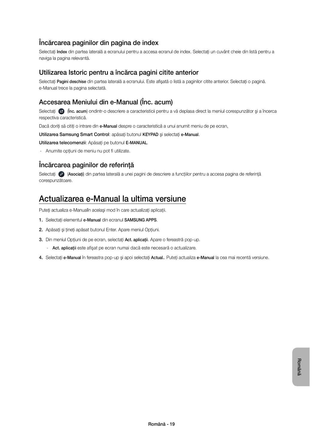 Samsung UE48HU7500TXXU, UE65HU7500LXXC Actualizarea e-Manual la ultima versiune, Încărcarea paginilor din pagina de index 