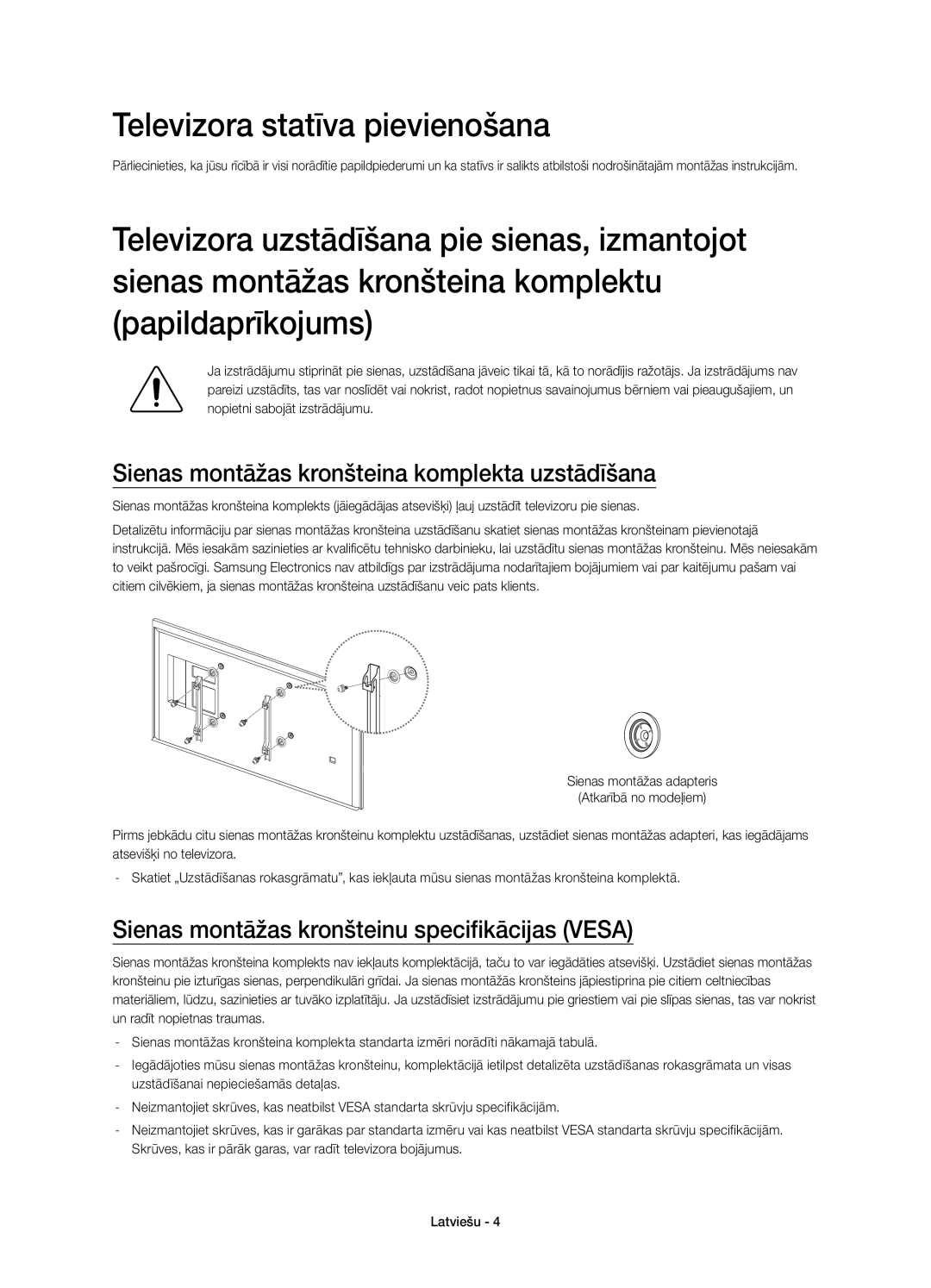 Samsung UE65HU7500LXZF, UE65HU7500LXXC Televizora statīva pievienošana, Sienas montāžas kronšteina komplekta uzstādīšana 