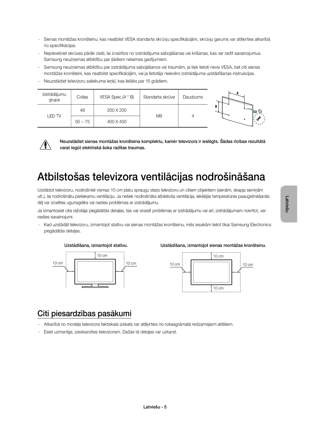 Samsung UE48HU7500LXZF, UE65HU7500LXXC manual Atbilstošas televizora ventilācijas nodrošināšana, Citi piesardzības pasākumi 