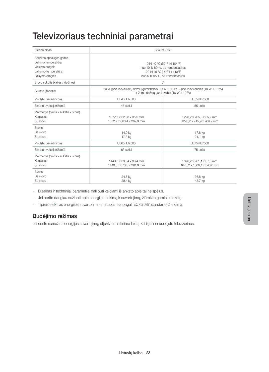 Samsung UE65HU7500LXXN, UE65HU7500LXXC, UE55HU7500LXXH, UE48HU7500LXXH Televizoriaus techniniai parametrai, Budėjimo režimas 