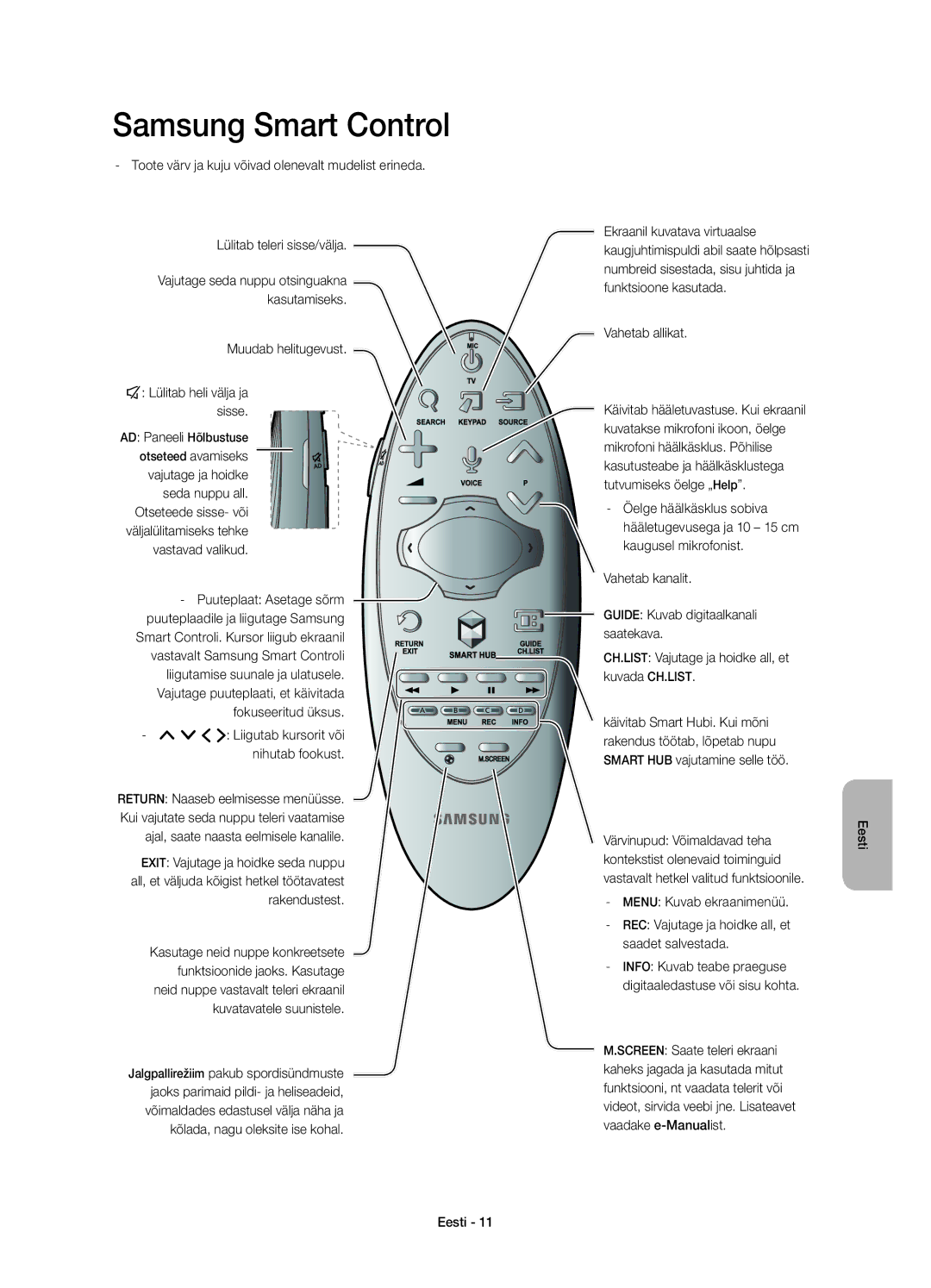 Samsung UE55HU7500LXXC manual Muudab helitugevust ¢ Lülitab heli välja ja sisse, Puuteplaat Asetage sõrm, Vahetab allikat 