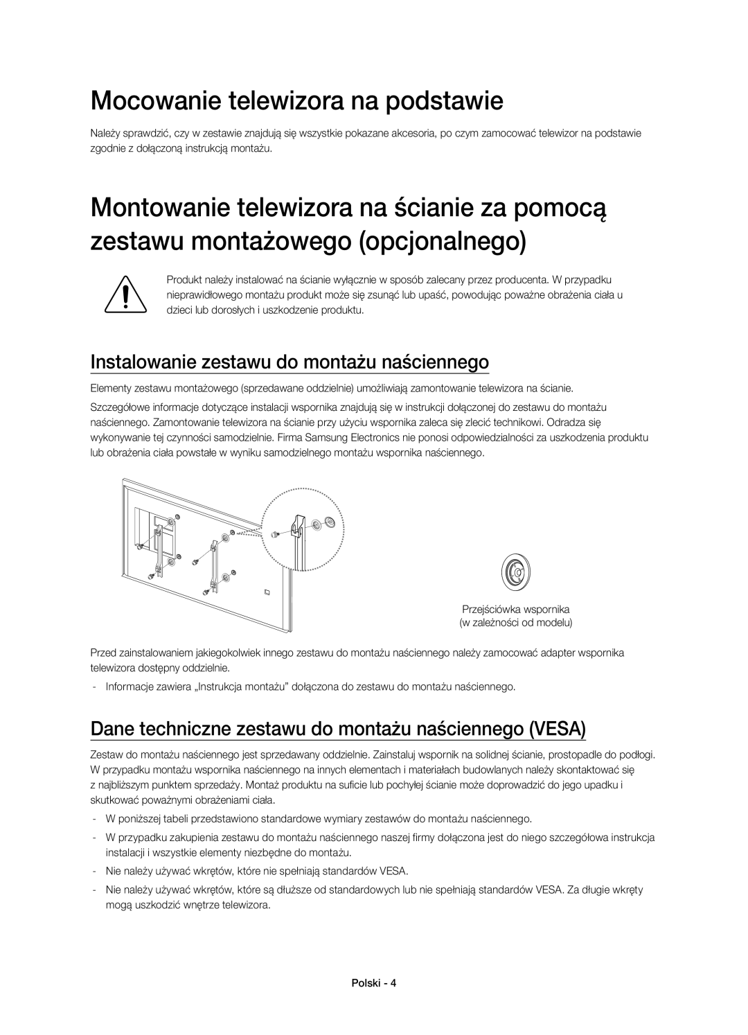 Samsung UE65HU7500LXZF, UE65HU7500LXXC manual Mocowanie telewizora na podstawie, Instalowanie zestawu do montażu naściennego 