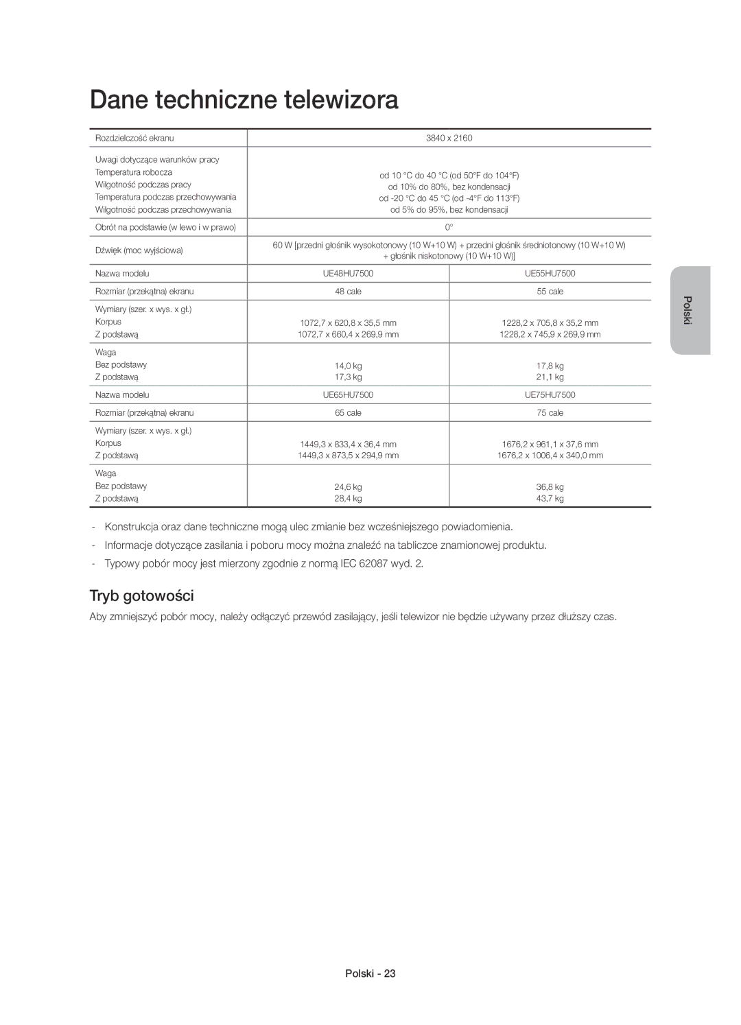 Samsung UE65HU7500LXXN, UE65HU7500LXXC, UE55HU7500LXXH, UE48HU7500LXXH manual Dane techniczne telewizora, Tryb gotowości 