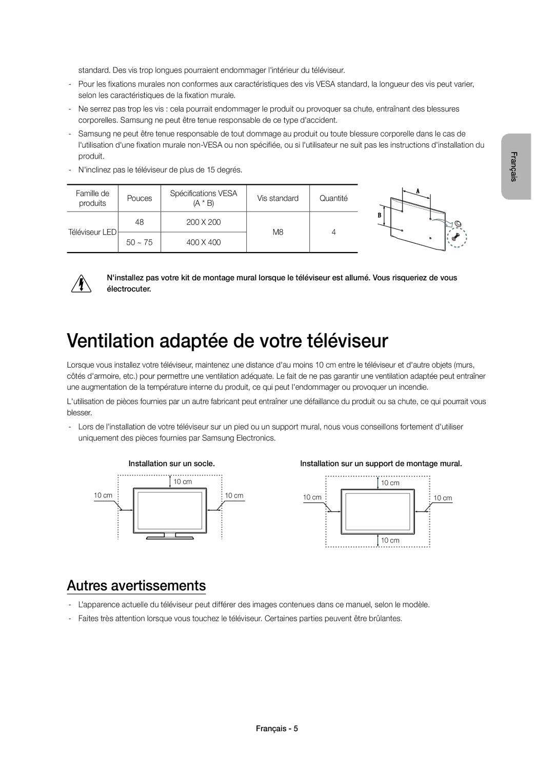 Samsung UE75HU7500LXXC, UE65HU7500LXXC, UE65HU7500LXZF manual Ventilation adaptée de votre téléviseur, Autres avertissements 