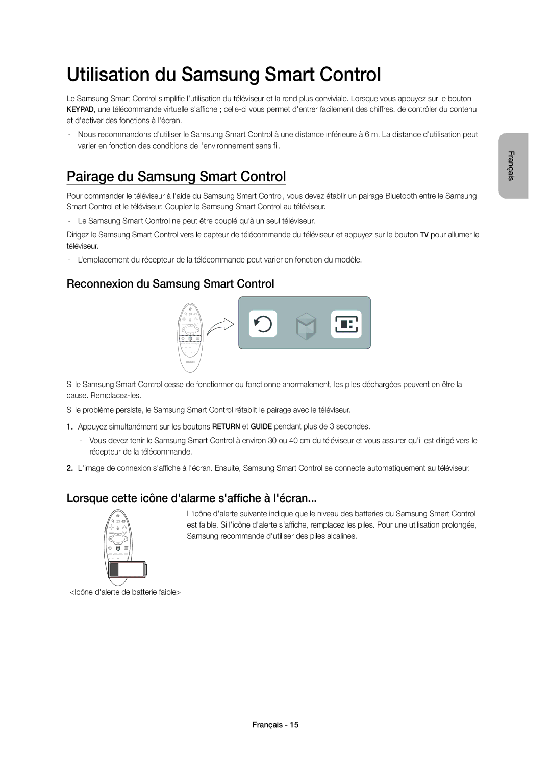 Samsung UE75HU7500LXXC, UE65HU7500LXXC manual Utilisation du Samsung Smart Control, Pairage du Samsung Smart Control 