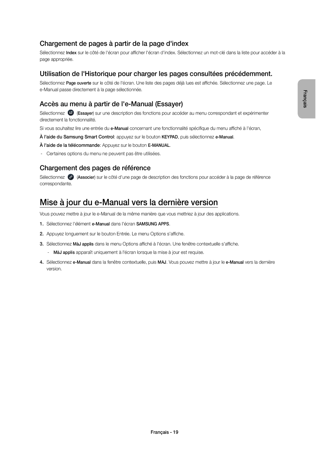 Samsung UE55HU7500LXXC Mise à jour du e-Manual vers la dernière version, Chargement de pages à partir de la page dindex 