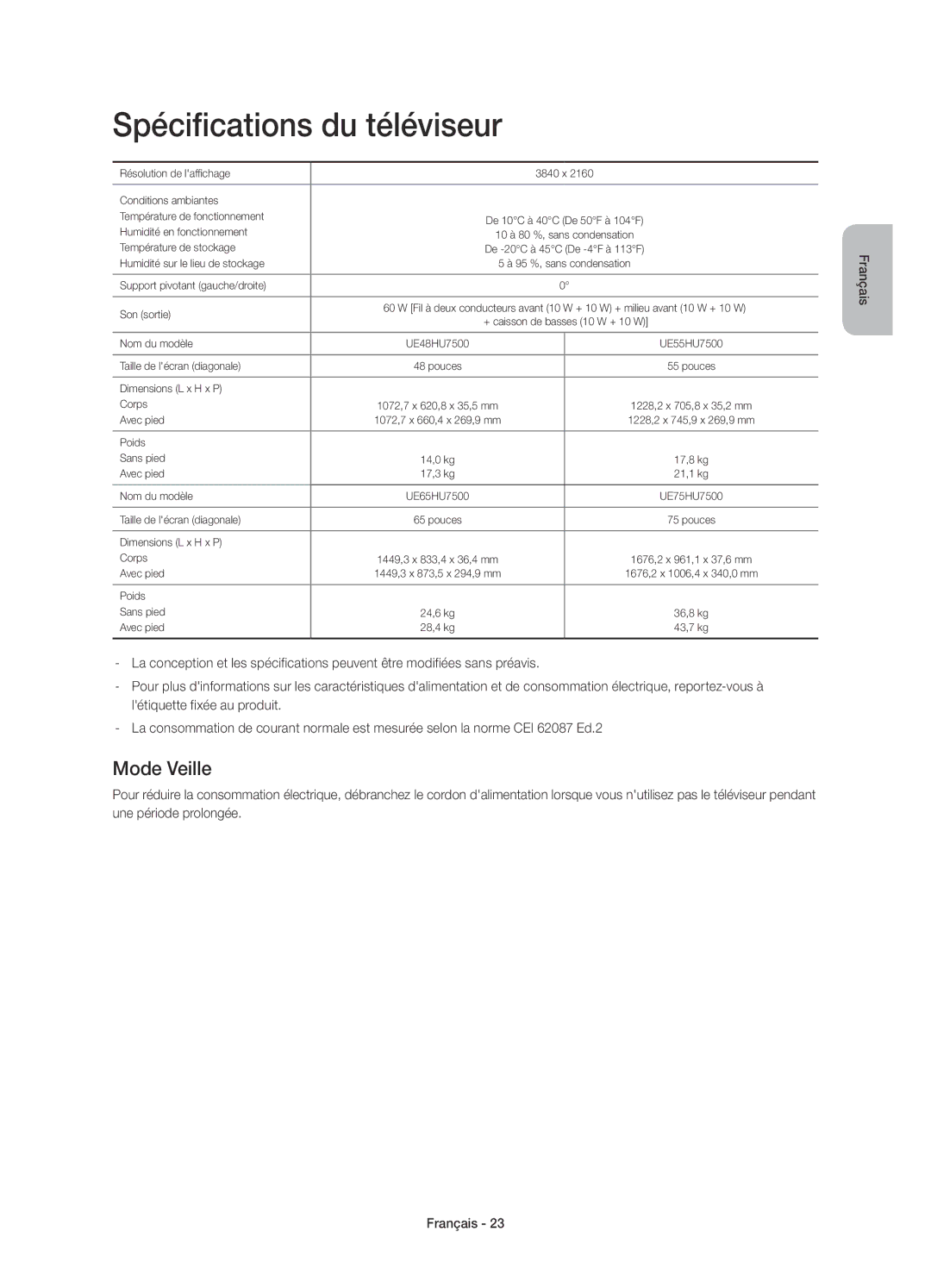 Samsung UE48HU7500LXXC, UE65HU7500LXXC, UE65HU7500LXZF, UE55HU7500LXXC manual Spécifications du téléviseur, Mode Veille 