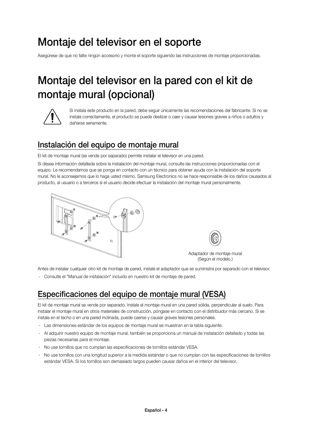 Samsung UE48HU7500LXXC, UE65HU7500LXXC manual Montaje del televisor en el soporte, Instalación del equipo de montaje mural 