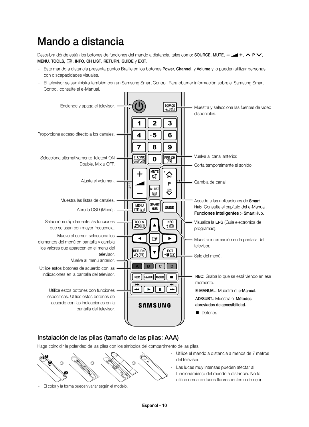 Samsung UE55HU7500LXXC, UE65HU7500LXXC, UE65HU7500LXZF Mando a distancia, Instalación de las pilas tamaño de las pilas AAA 