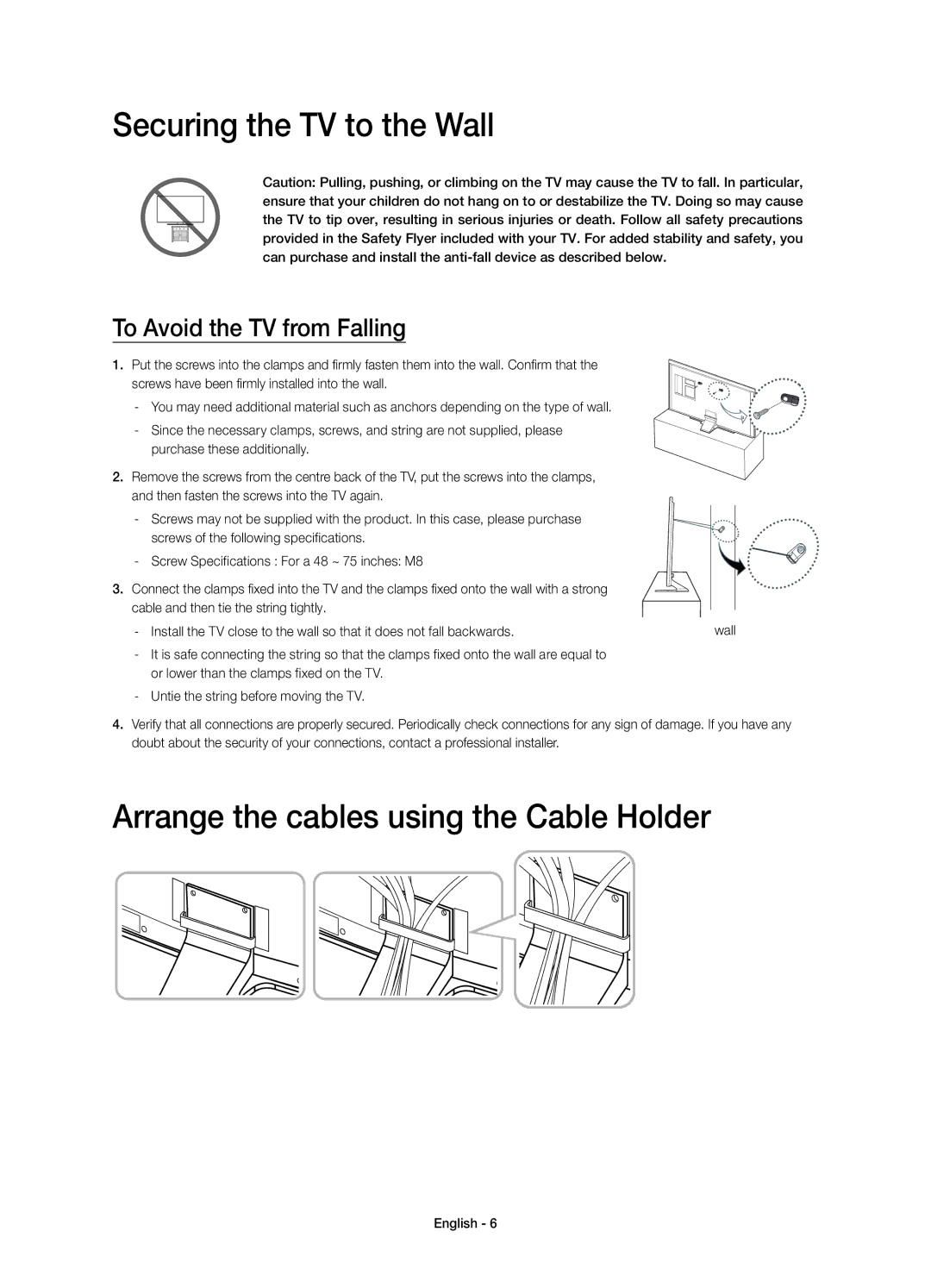 Samsung UE65HU7500LXZF, UE65HU7500LXXC manual Securing the TV to the Wall, Arrange the cables using the Cable Holder 