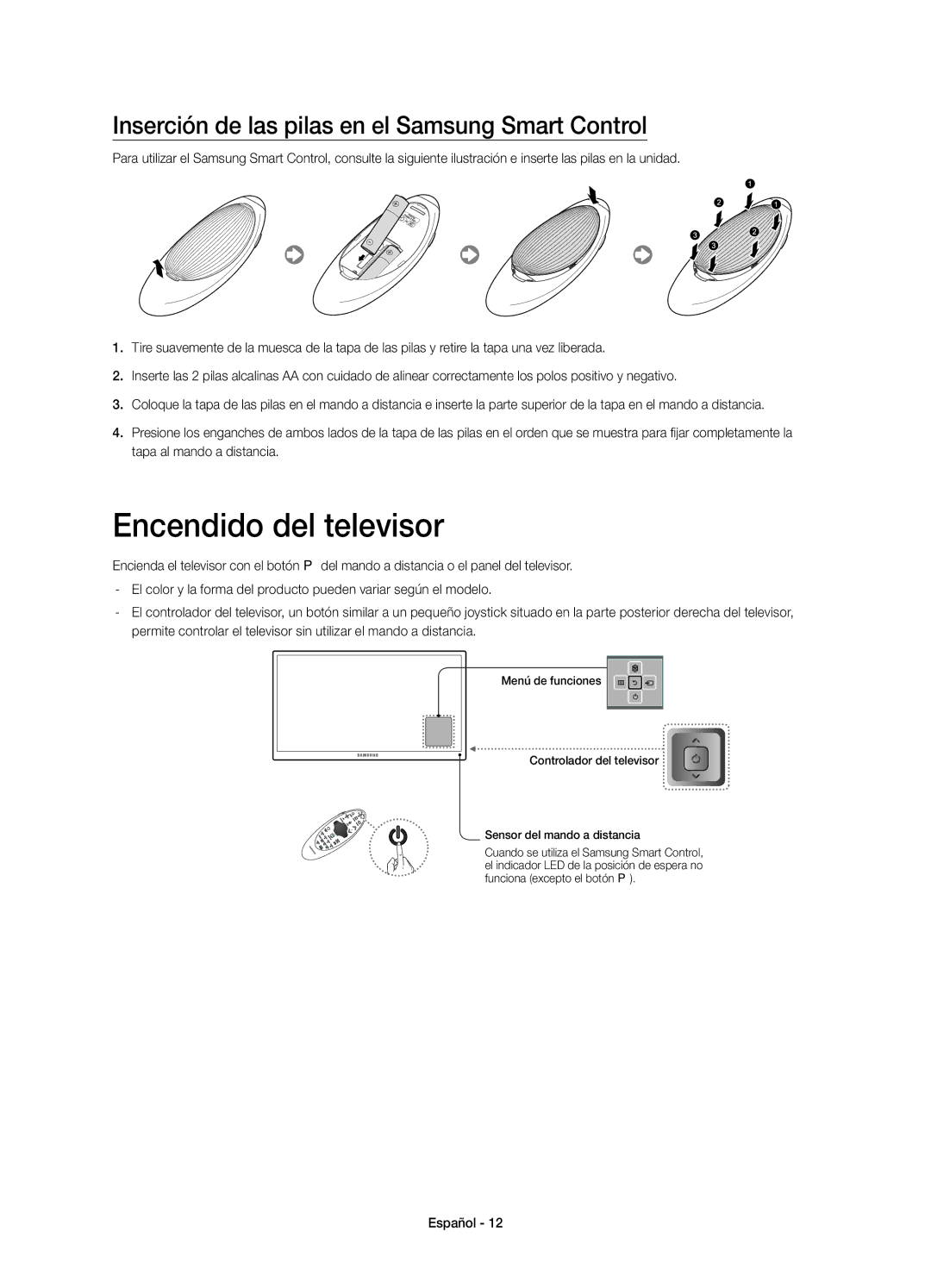 Samsung UE65HU7500LXXC, UE65HU7500LXZF manual Encendido del televisor, Inserción de las pilas en el Samsung Smart Control 