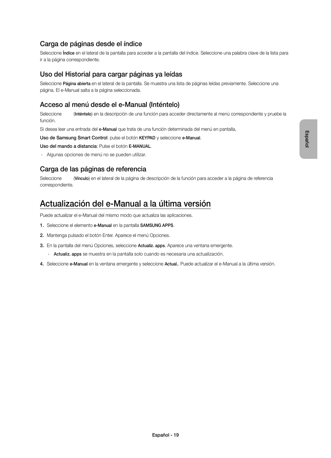 Samsung UE48HU7500LXXC, UE65HU7500LXXC Actualización del e-Manual a la última versión, Carga de páginas desde el índice 