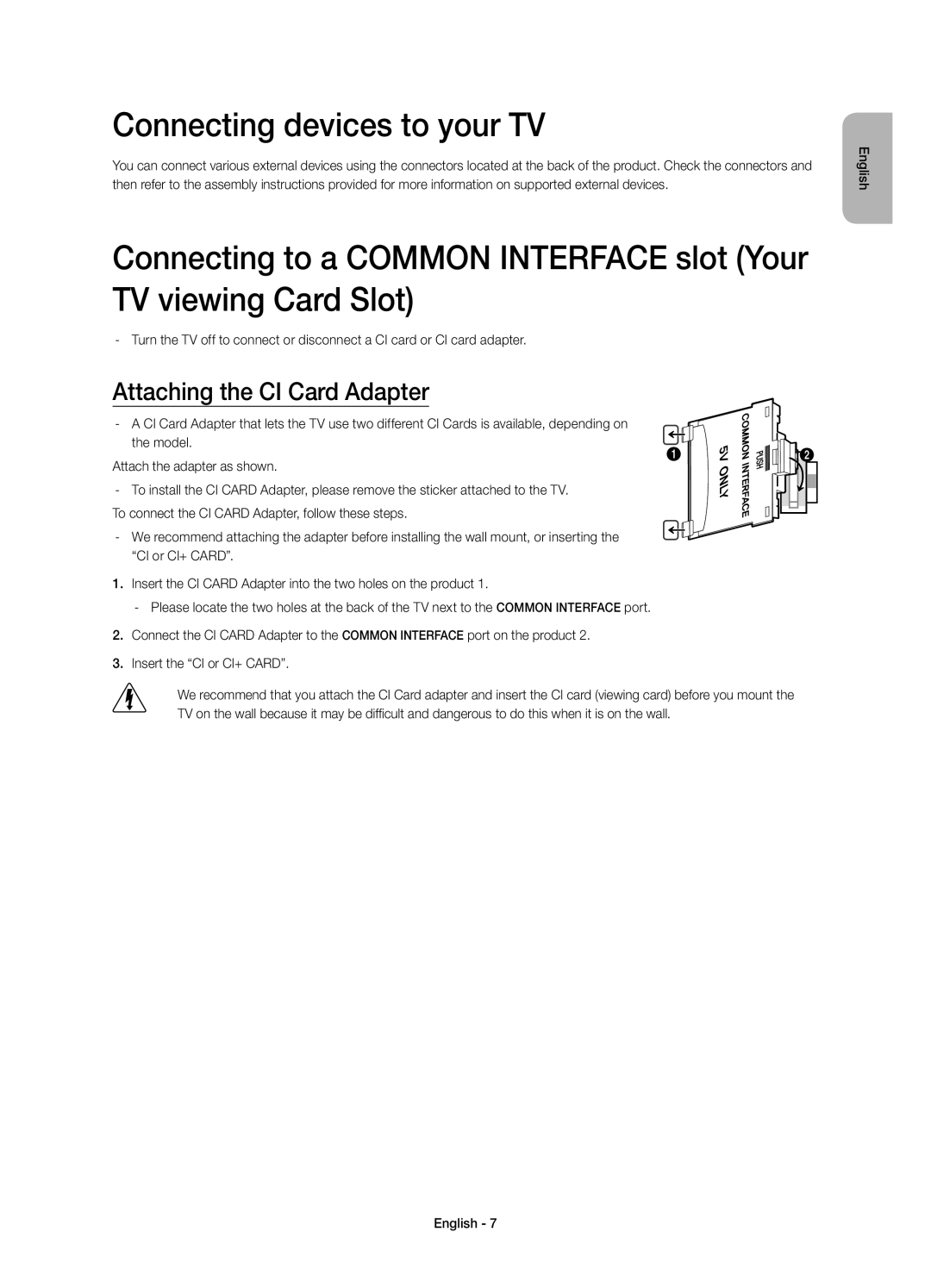 Samsung UE48HU7500LXXC, UE65HU7500LXXC, UE65HU7500LXZF manual Connecting devices to your TV, Attaching the CI Card Adapter 