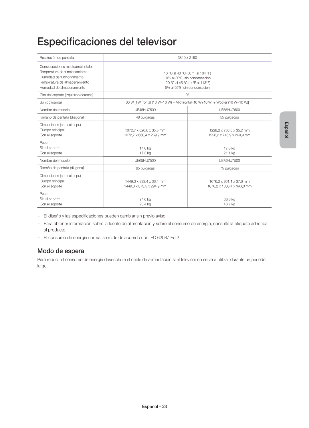 Samsung UE65HU7500LXZF, UE65HU7500LXXC, UE48HU7500LXXC, UE55HU7500LXXC manual Especificaciones del televisor, Modo de espera 