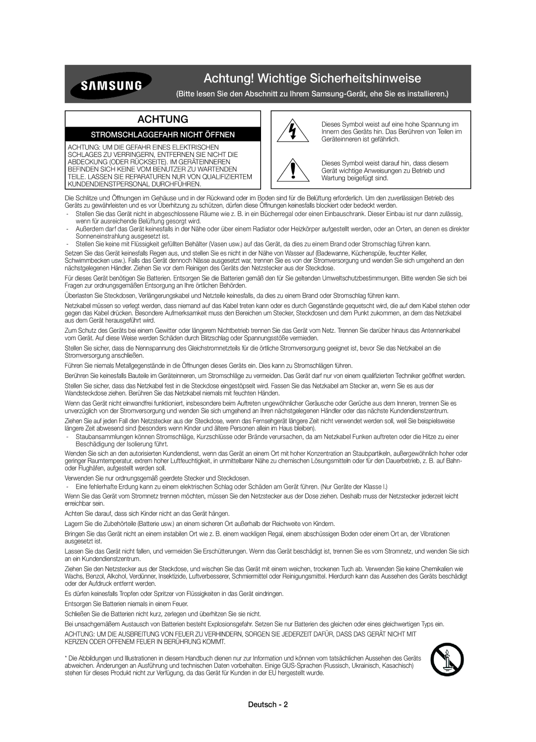 Samsung UE75HU7500LXZF, UE65HU7500LXZF, UE48HU7500LXZF, UE55HU7500LXZF manual Achtung! Wichtige Sicherheitshinweise, Deutsch 