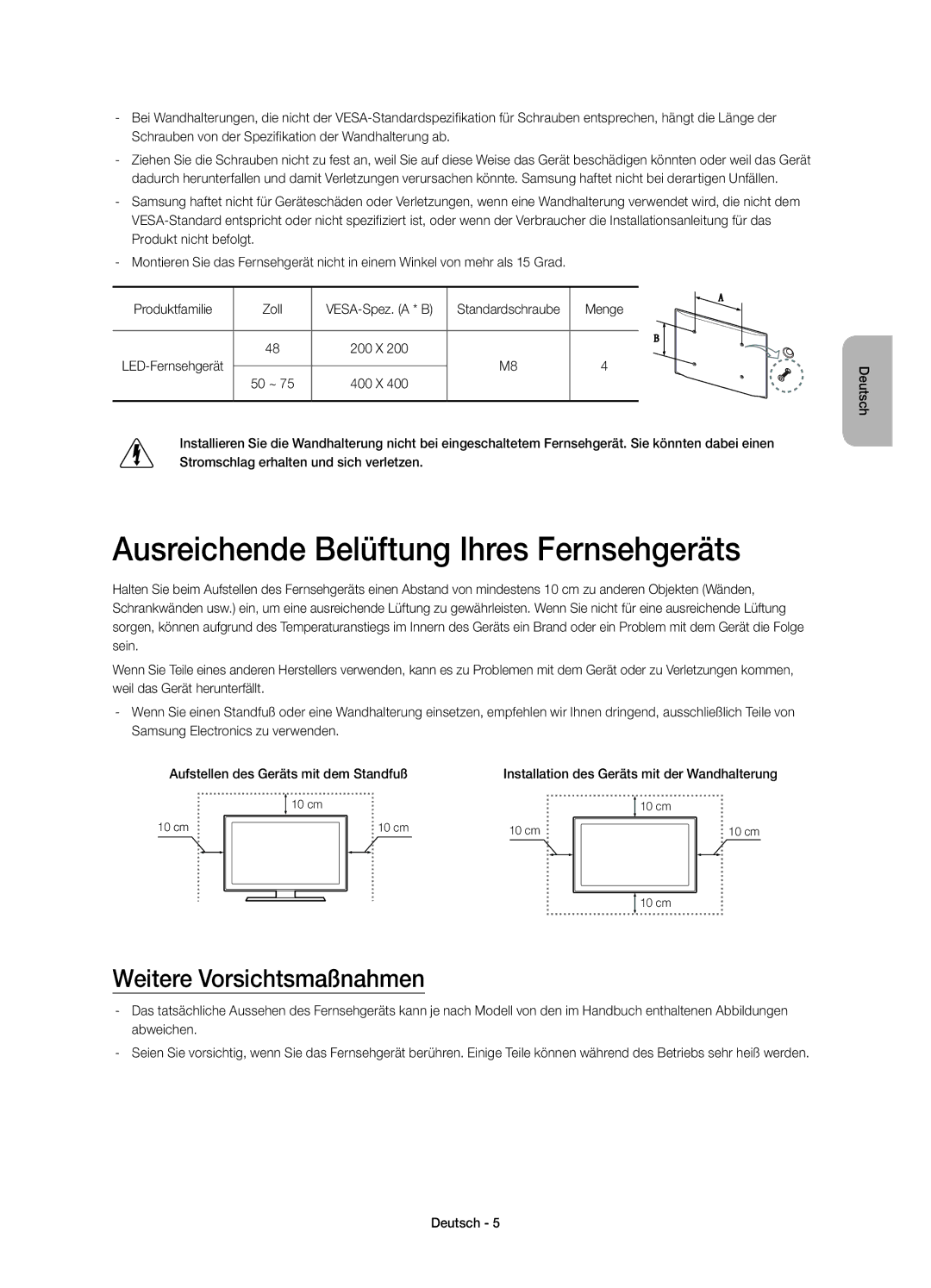 Samsung UE48HU7500LXZF manual Ausreichende Belüftung Ihres Fernsehgeräts, Weitere Vorsichtsmaßnahmen, Produkt nicht befolgt 