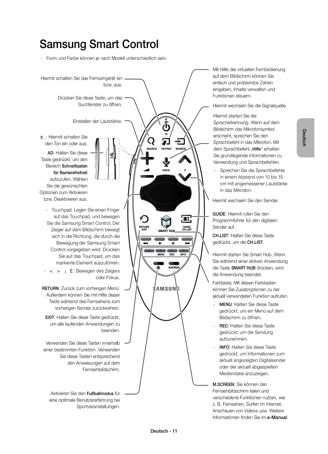 Samsung UE55HU7500LXZF manual Form und Farbe können je nach Modell unterschiedlich sein, ¡ £ Bewegen des Zeigers oder Fokus 