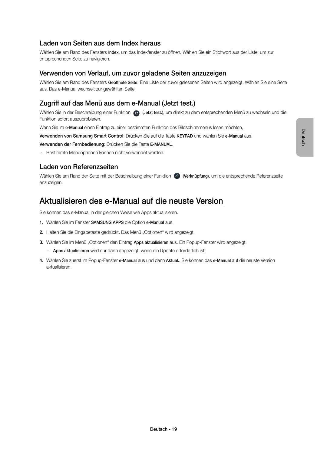 Samsung UE55HU7500LXZF manual Aktualisieren des e-Manual auf die neuste Version, Laden von Seiten aus dem Index heraus 