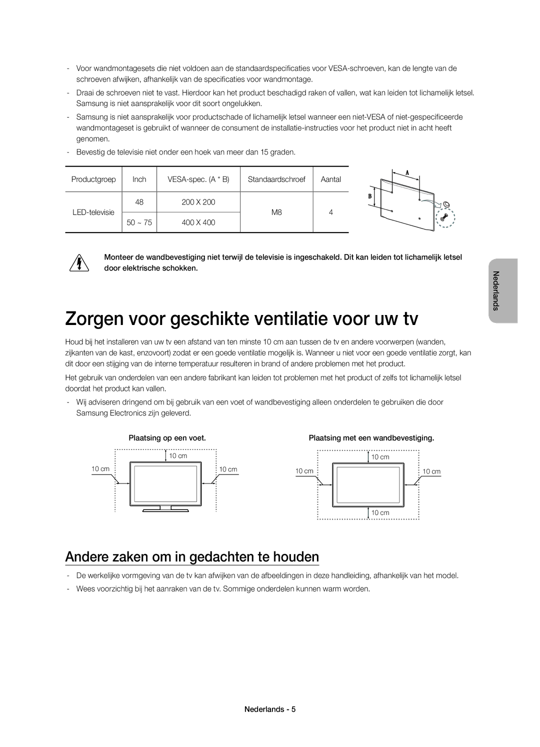 Samsung UE48HU7500LXZF manual Zorgen voor geschikte ventilatie voor uw tv, Andere zaken om in gedachten te houden, Inch 