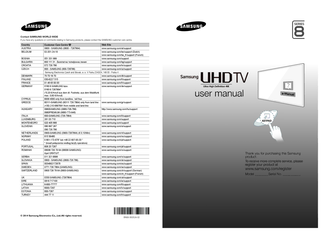 Samsung UE55HU8200LXXC, UE65HU8200LXXC manual Contact Samsung World Wide 