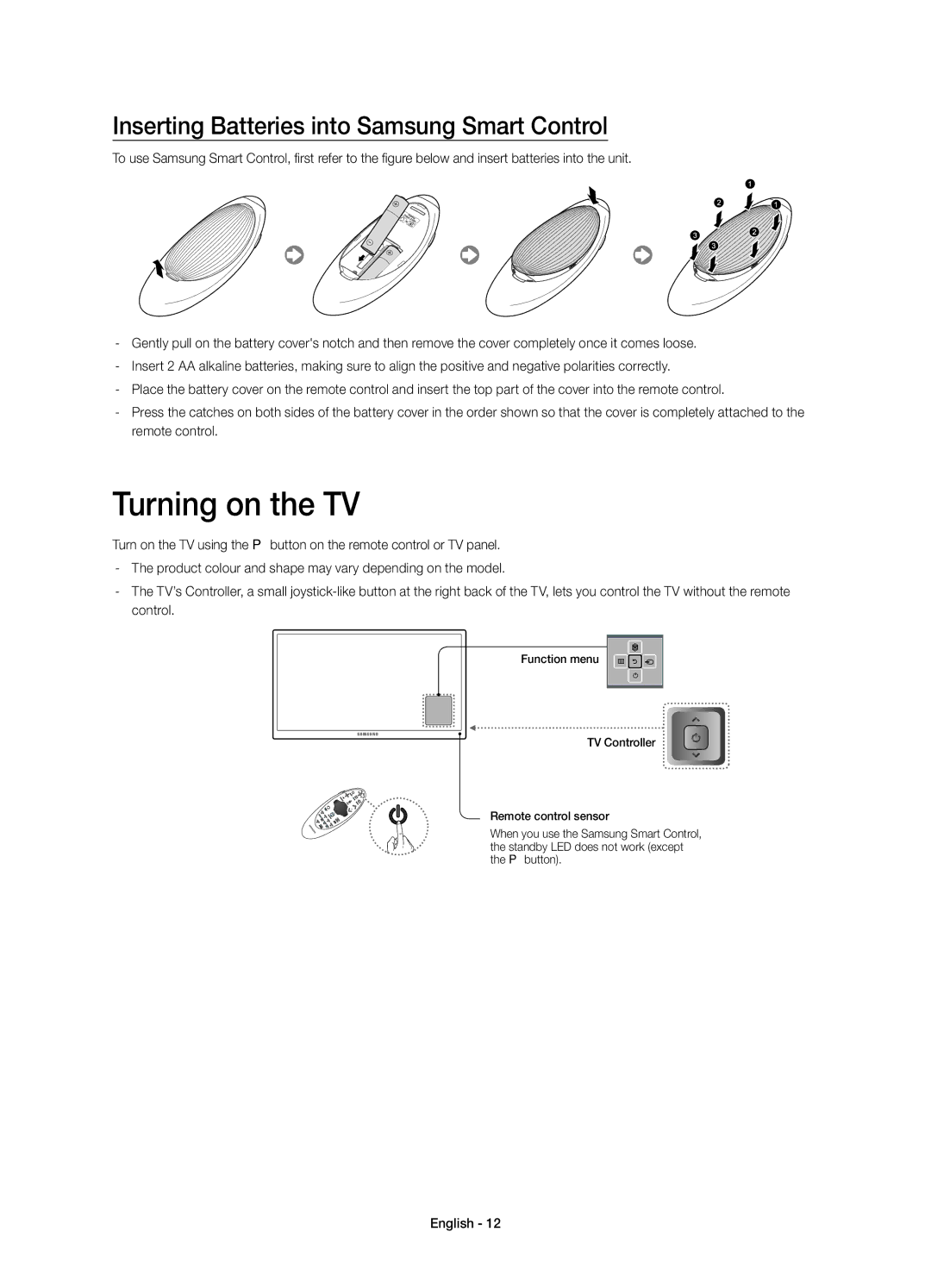 Samsung UE65HU8200LXXC, UE55HU8200LXXC manual Turning on the TV, Inserting Batteries into Samsung Smart Control 