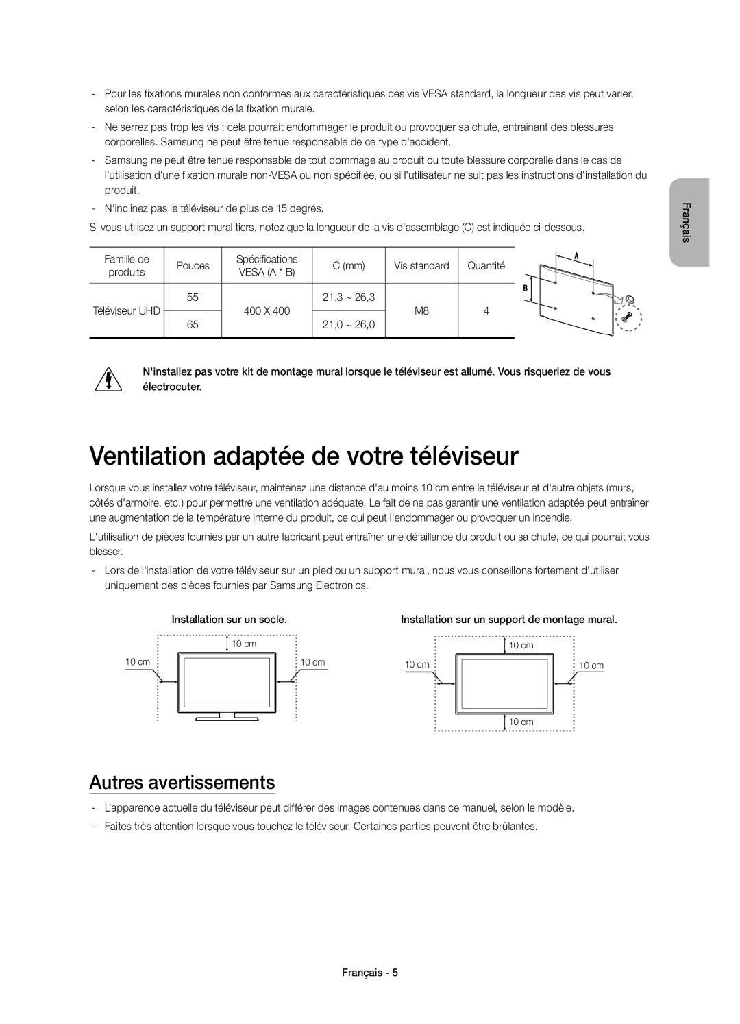 Samsung UE55HU8200LXXC, UE65HU8200LXXC manual Ventilation adaptée de votre téléviseur, Autres avertissements 