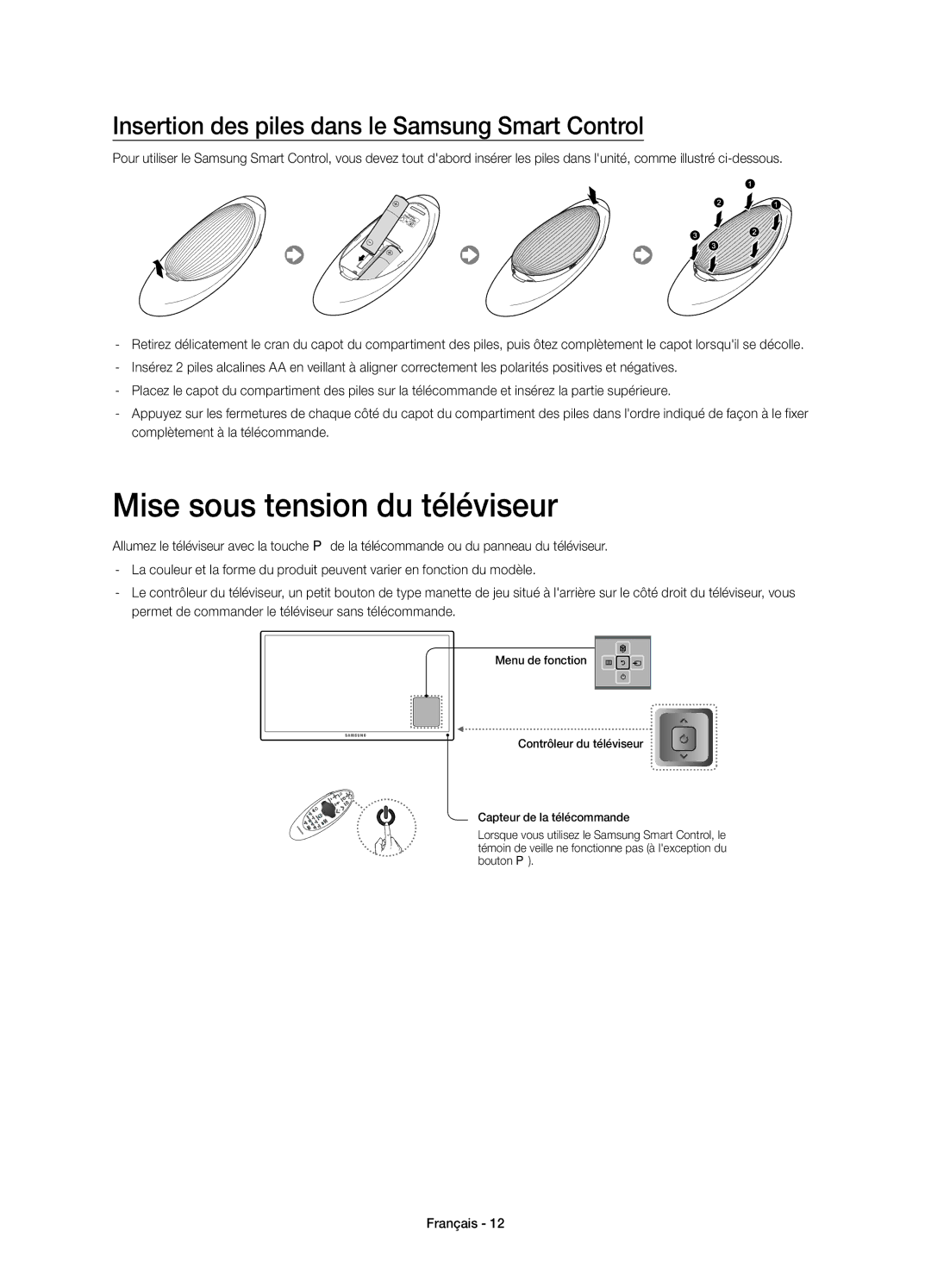 Samsung UE65HU8200LXXC, UE55HU8200LXXC Mise sous tension du téléviseur, Insertion des piles dans le Samsung Smart Control 