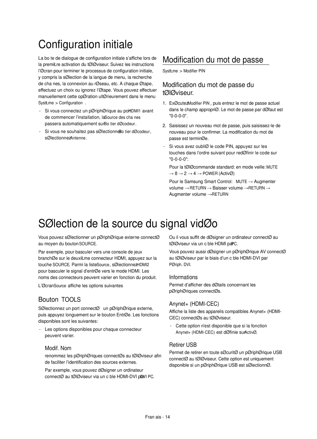 Samsung UE65HU8200LXXC manual Configuration initiale, Sélection de la source du signal vidéo, Modification du mot de passe 