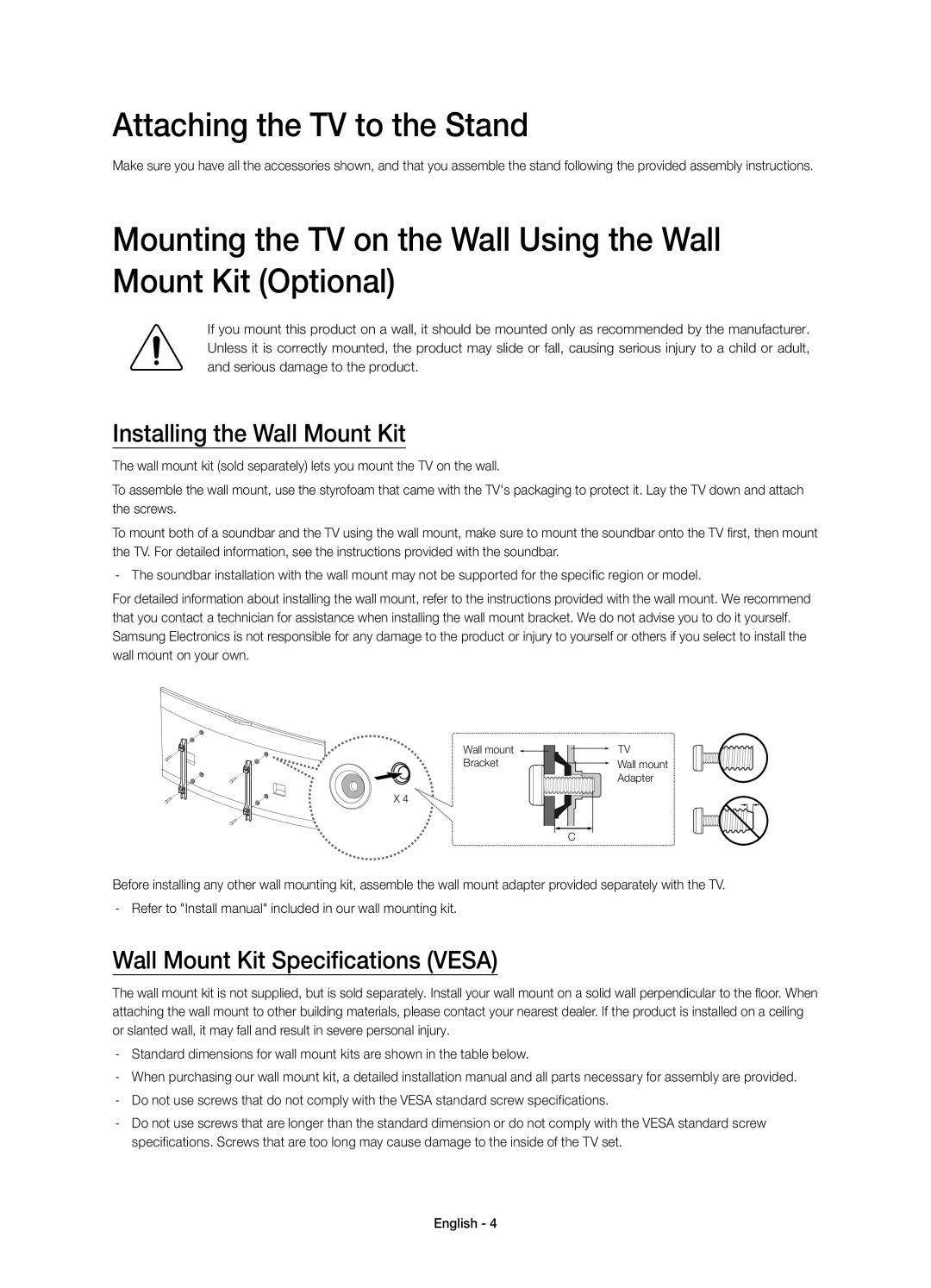 Samsung UE65HU8200LXXC Attaching the TV to the Stand, Installing the Wall Mount Kit, Wall Mount Kit Specifications Vesa 