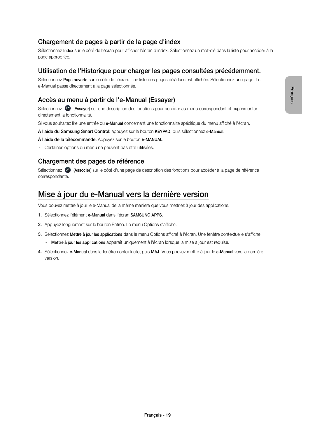 Samsung UE55HU8200LXXC Mise à jour du e-Manual vers la dernière version, Chargement de pages à partir de la page dindex 