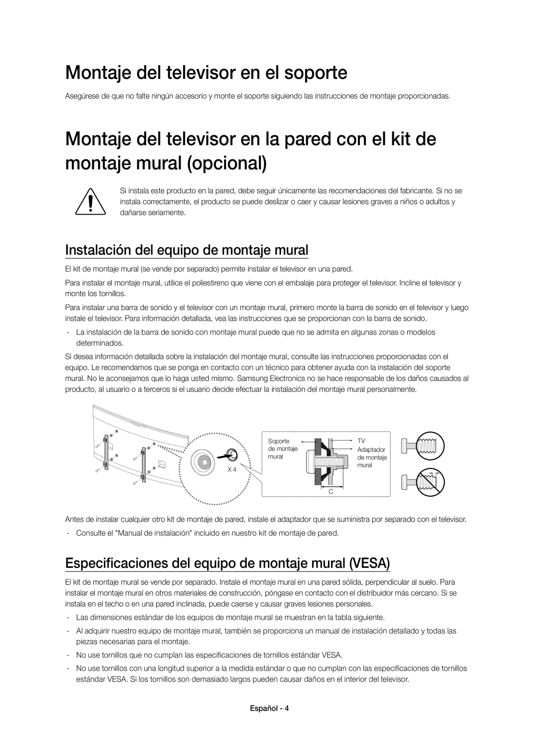 Samsung UE65HU8200LXXC, UE55HU8200LXXC manual Montaje del televisor en el soporte, Instalación del equipo de montaje mural 