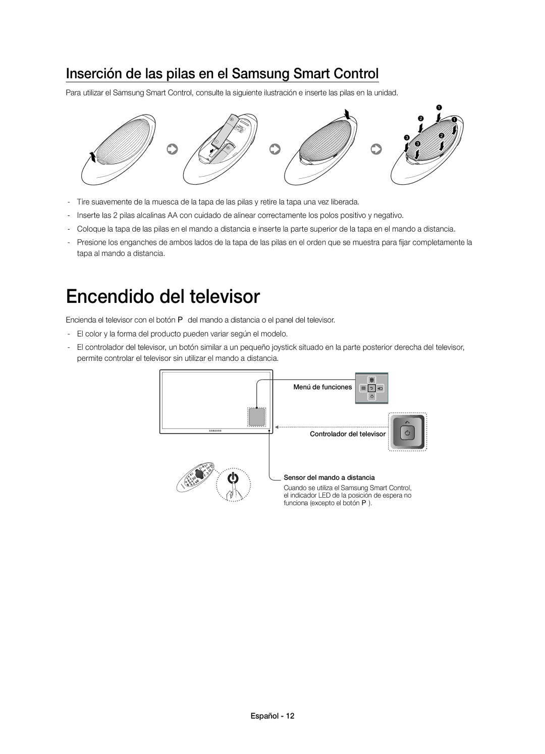 Samsung UE65HU8200LXXC, UE55HU8200LXXC manual Encendido del televisor, Inserción de las pilas en el Samsung Smart Control 