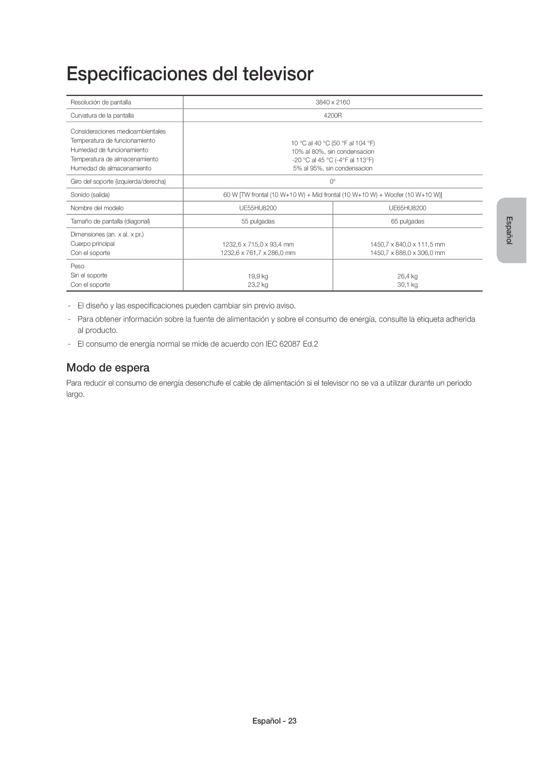 Samsung UE55HU8200LXXC, UE65HU8200LXXC manual Especificaciones del televisor, Modo de espera 