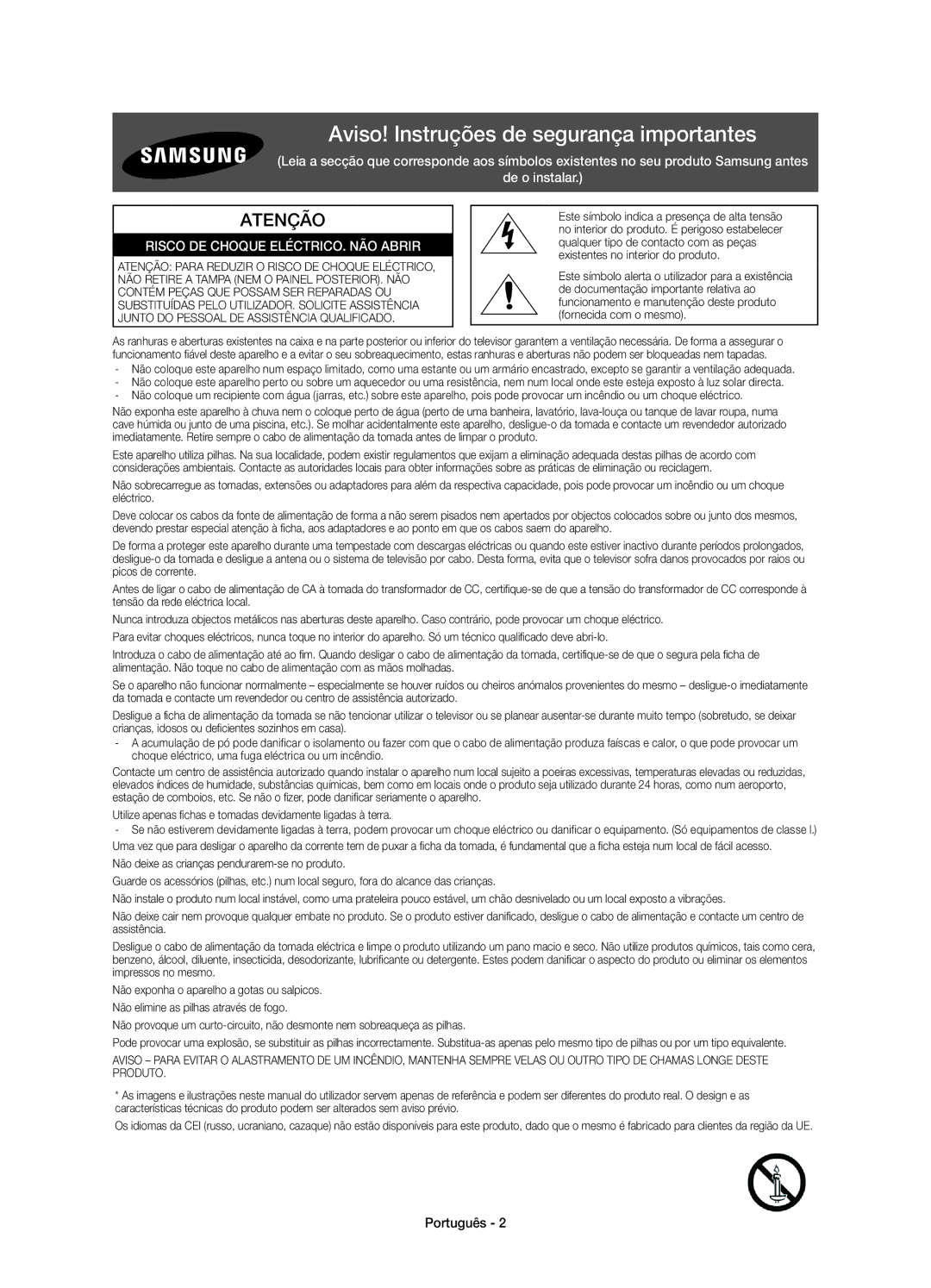 Samsung UE65HU8200LXXC, UE55HU8200LXXC manual Aviso! Instruções de segurança importantes, Português 