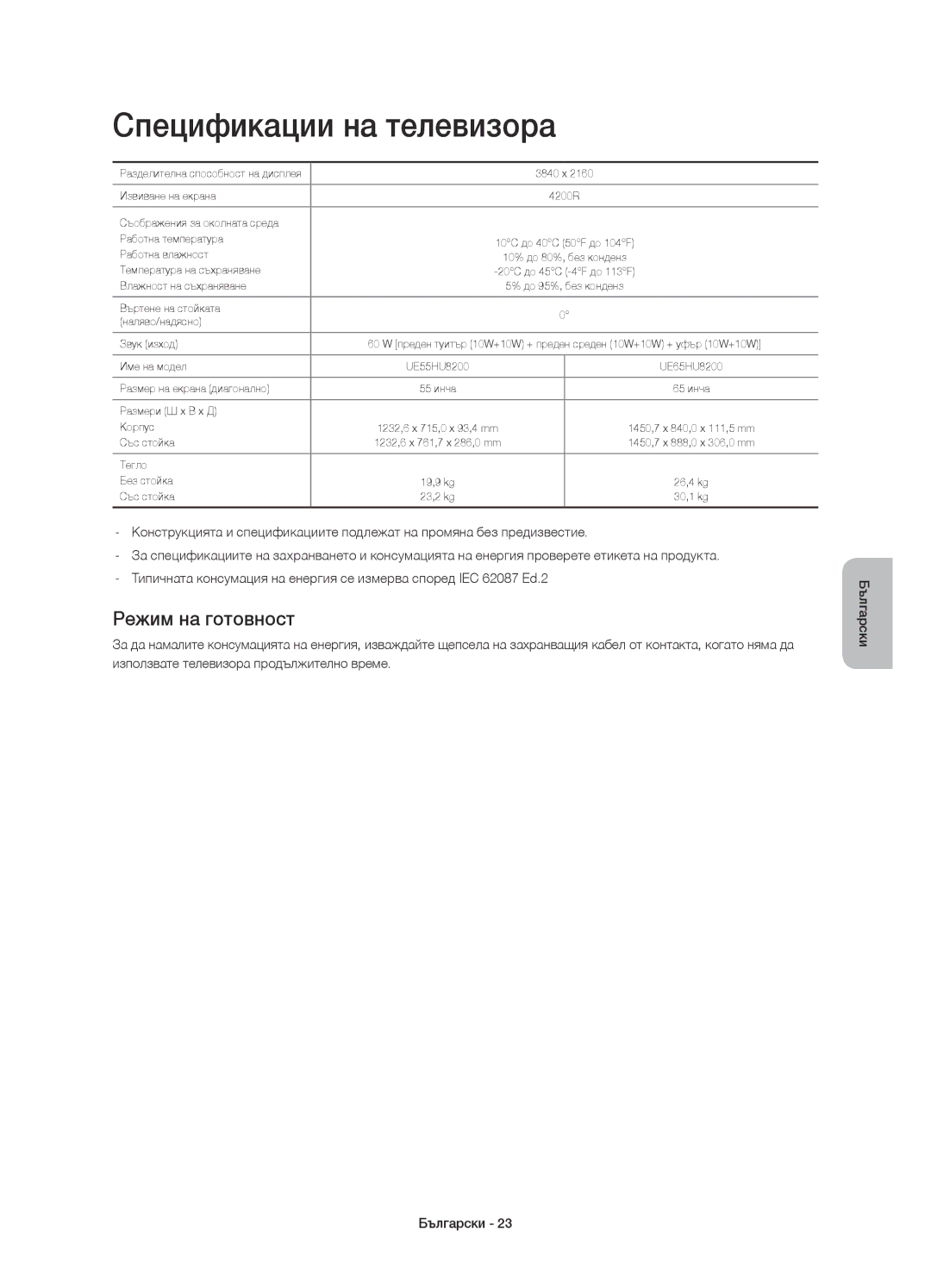 Samsung UE55HU8200TXXU, UE65HU8200LXZF, UE55HU8200LXZF, UE65HU8200LXXC manual Спецификации на телевизора, Режим на готовност 