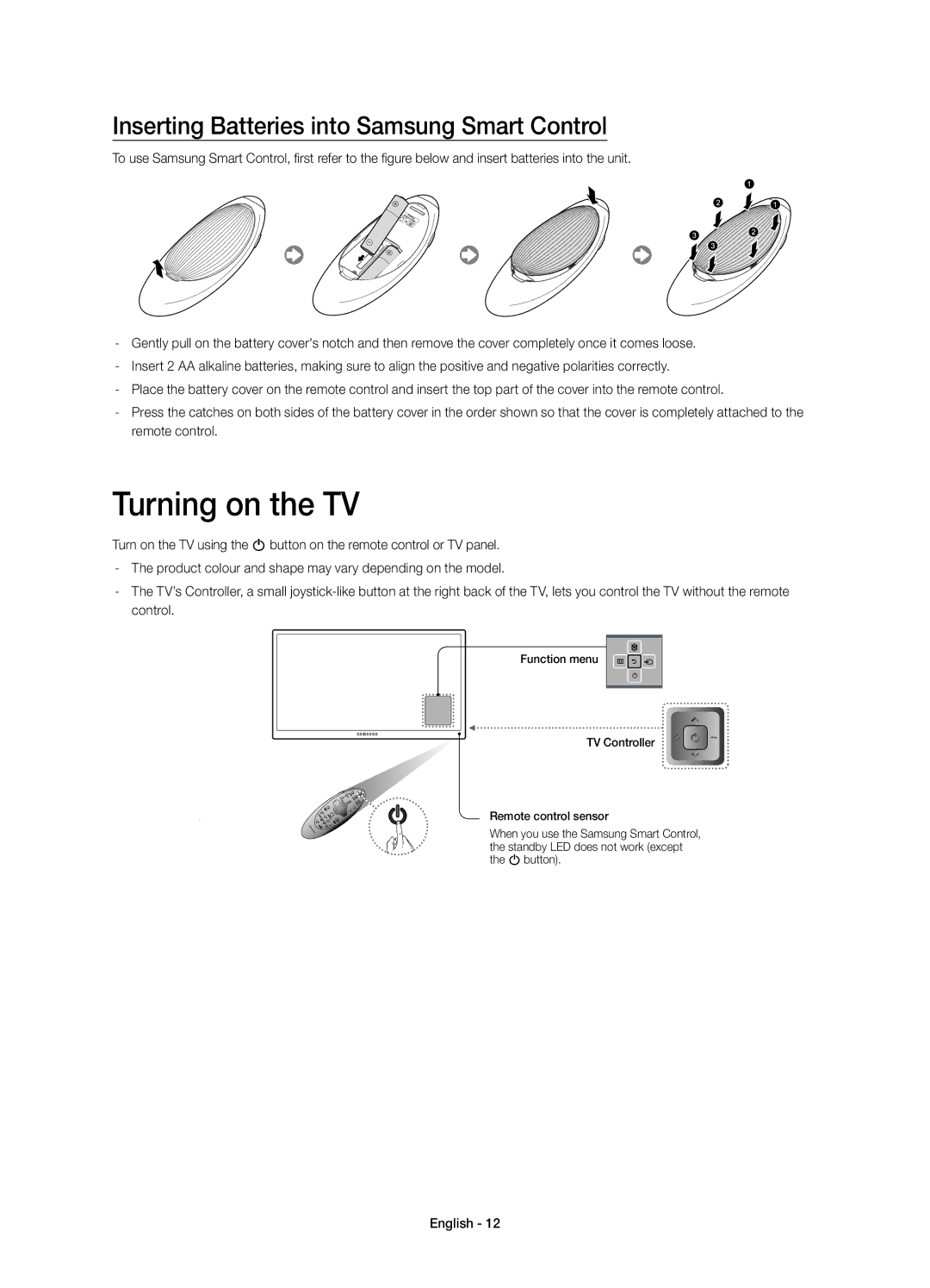 Samsung UE65HU8200LXZF, UE55HU8200LXZF, UE65HU8200LXXC Turning on the TV, Inserting Batteries into Samsung Smart Control 