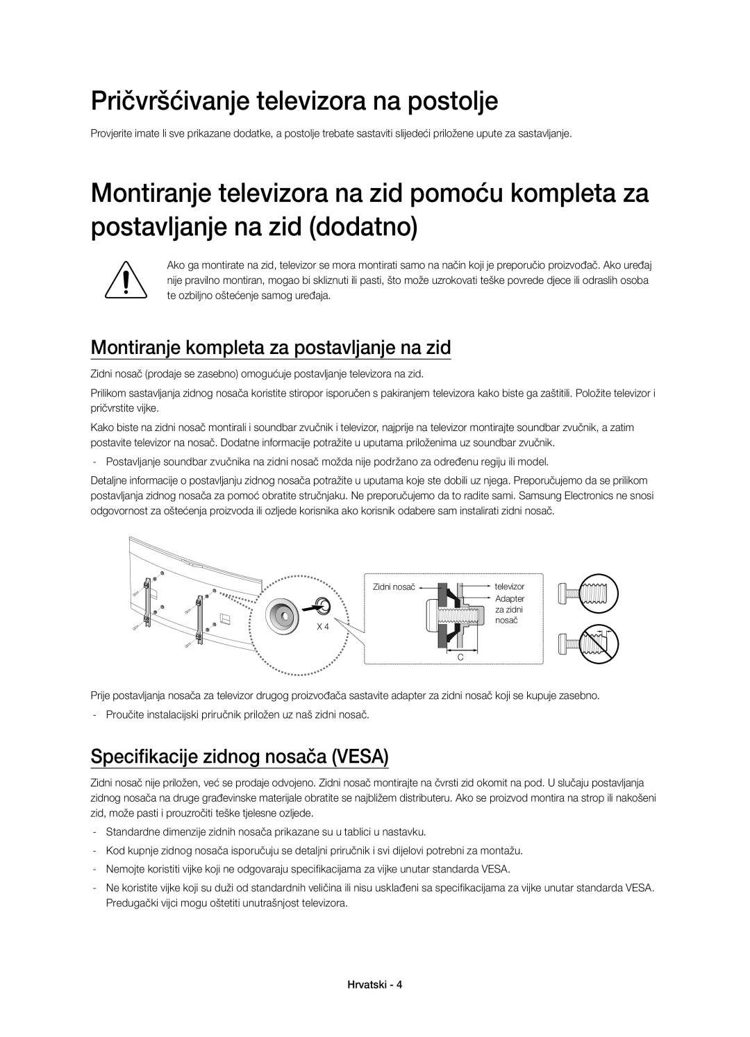 Samsung UE65HU8200TXXH, UE65HU8200LXZF Pričvršćivanje televizora na postolje, Montiranje kompleta za postavljanje na zid 