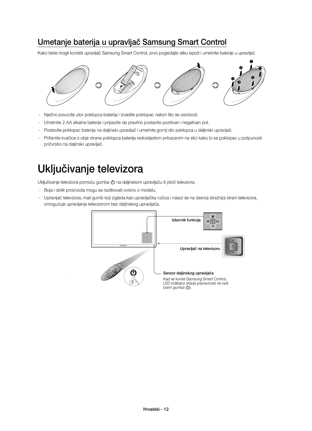 Samsung UE65HU8200LXZF, UE55HU8200LXZF manual Uključivanje televizora, Umetanje baterija u upravljač Samsung Smart Control 