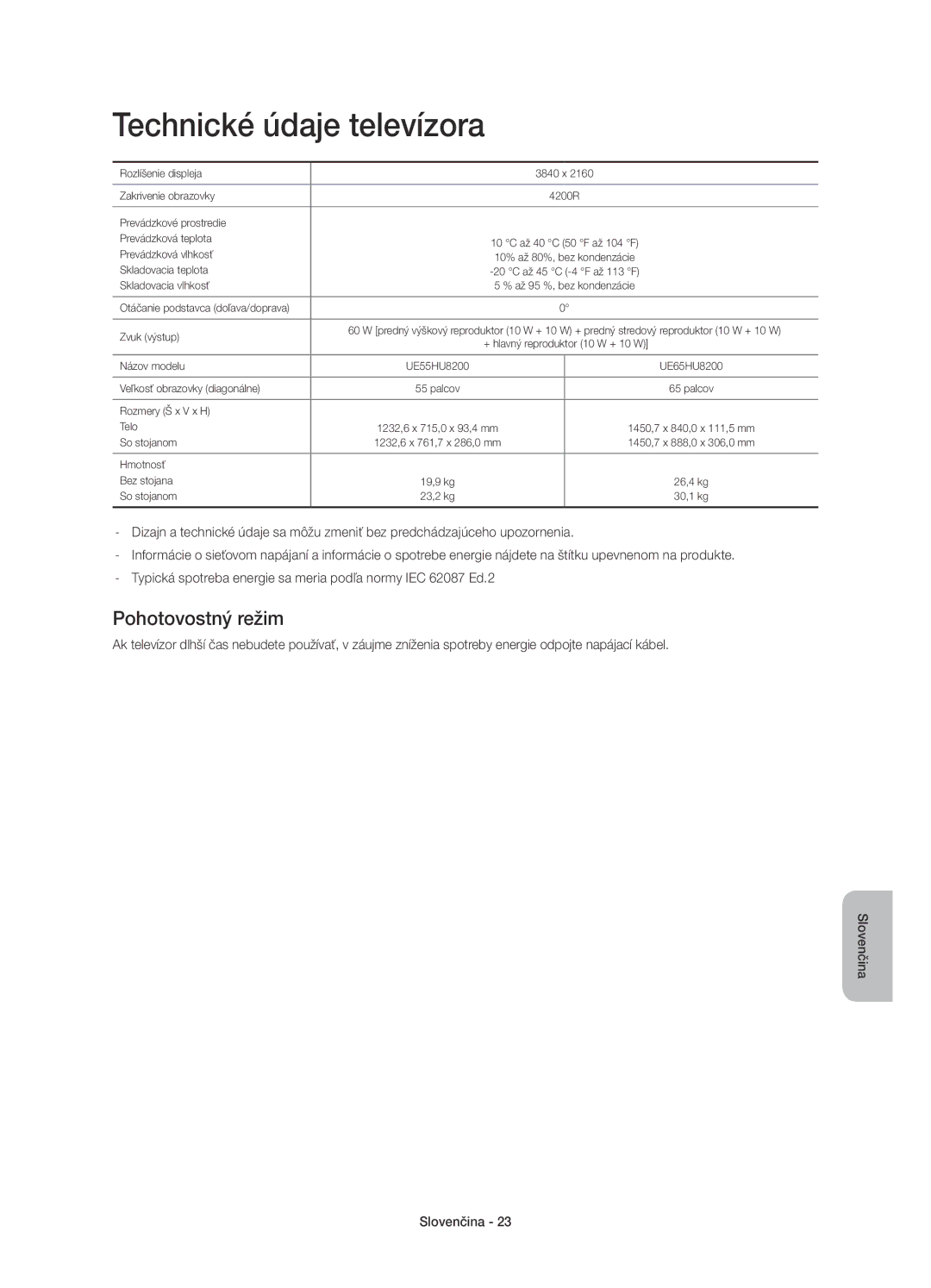 Samsung UE55HU8200TXXU, UE65HU8200LXZF, UE55HU8200LXZF, UE65HU8200LXXC manual Technické údaje televízora, Pohotovostný režim 