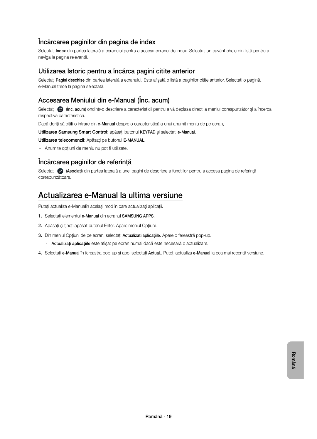 Samsung UE65HU8200LXXH, UE65HU8200LXZF Actualizarea e-Manual la ultima versiune, Încărcarea paginilor din pagina de index 