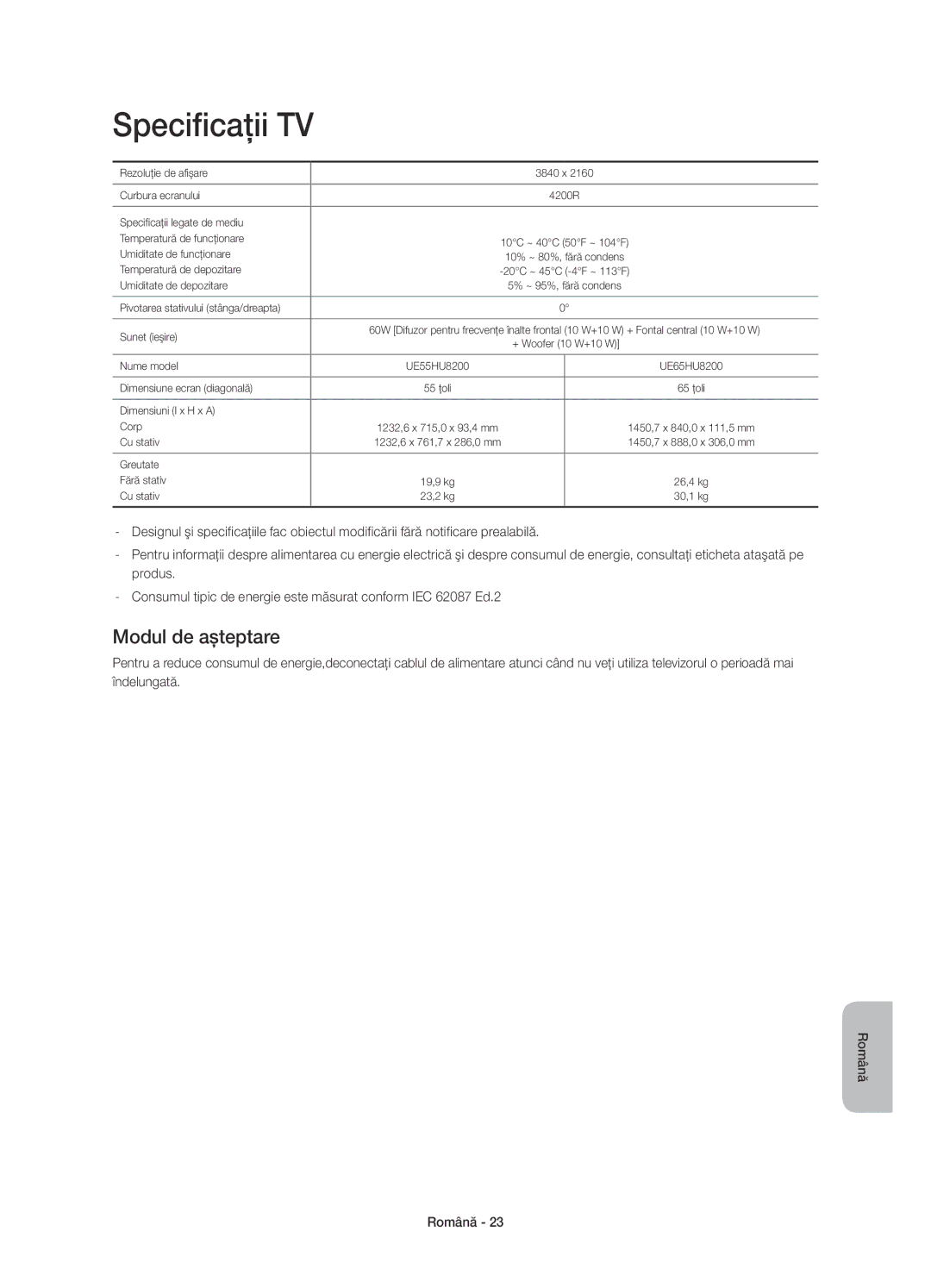 Samsung UE55HU8200TXXU, UE65HU8200LXZF, UE55HU8200LXZF, UE65HU8200LXXC, UE55HU8200LXXC Specificaţii TV, Modul de aşteptare 